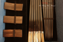 Set of 6 pairs of ebony chopsticks, square pearl-tipped, silver rim, with chopsticks rests